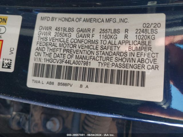 1HGCV3F44LA007981 Honda Accord Hybrid Ex