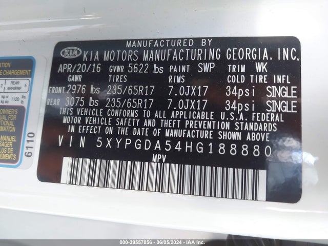 KIA Sorento 3.3l Lx 2017 5XYPGDA54HG188880 Image 9