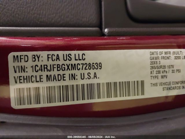 1C4RJFBGXMC728639 Jeep Grand Cherokee Limited X 4x4