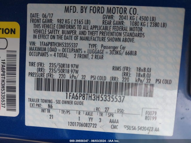 Ford Mustang Ecoboost 2017 1FA6P8TH3H5335537 Image 9