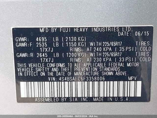 4S4BSAFC6F3358006 Subaru Outback 2.5i Premium