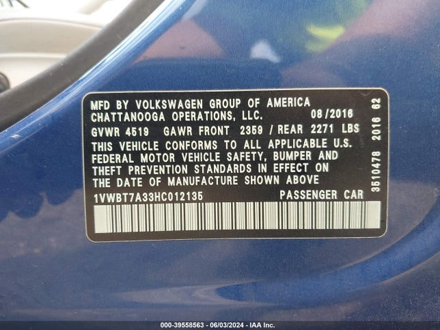 1VWBT7A33HC012135 Volkswagen Passat 1.8t Se