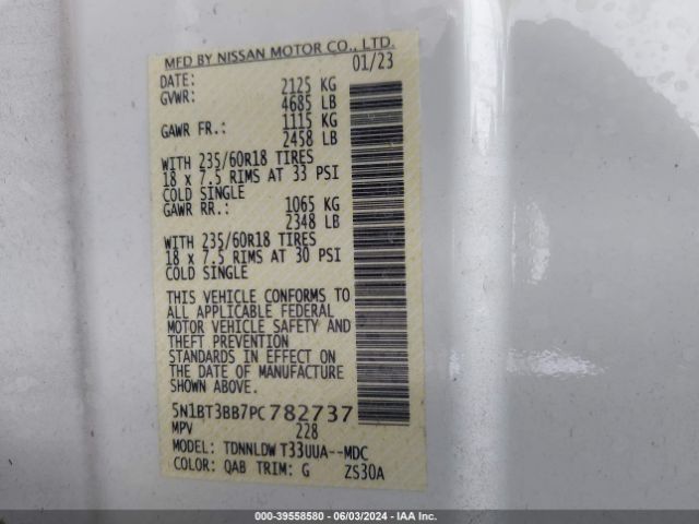 5N1BT3BB7PC782737 Nissan Rogue Sv Intelligent Awd