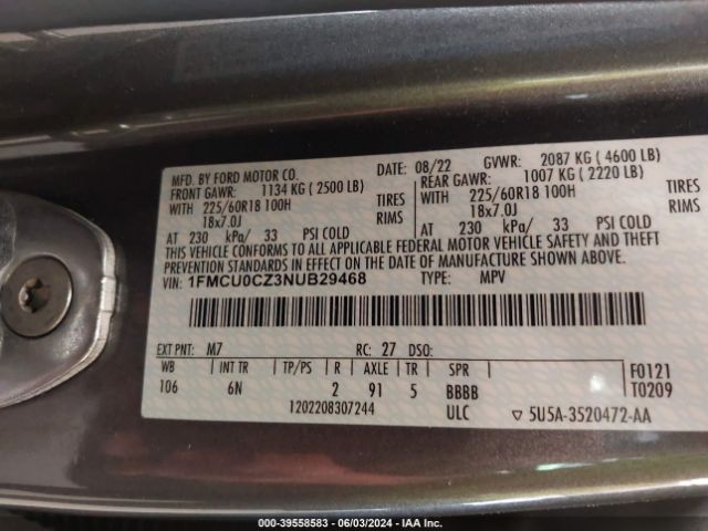 1FMCU0CZ3NUB29468 Ford Escape Sel Hybrid