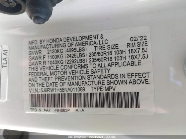 5J6RW1H58NA011089 Honda Cr-v 2wd Ex