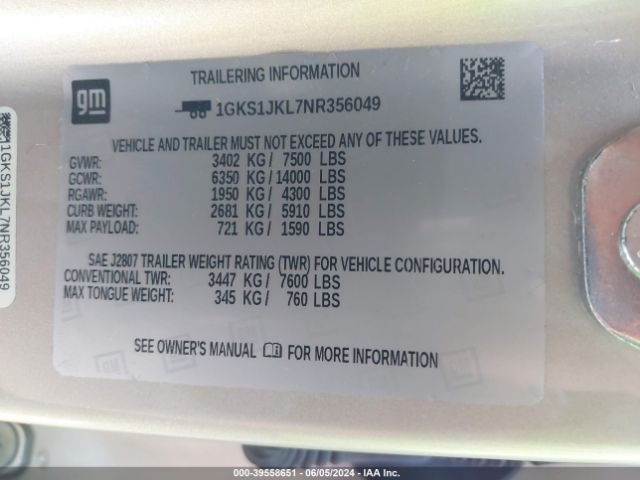1GKS1JKL7NR356049 GMC Yukon Xl 2wd Denali