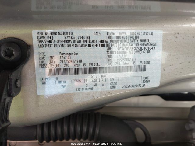 1FADP3F27GL401843 Ford FOCUS SE
