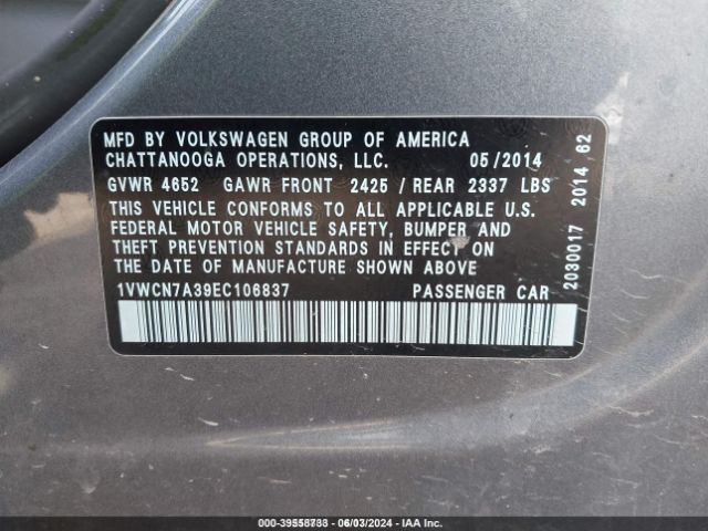 1VWCN7A39EC106837 Volkswagen Passat 2.0l Tdi Sel Premium