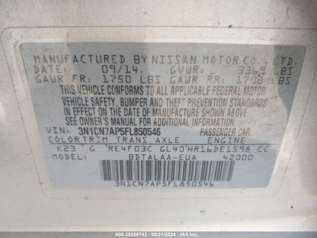 3N1CN7AP5FL850546 Nissan Versa 1.6 S