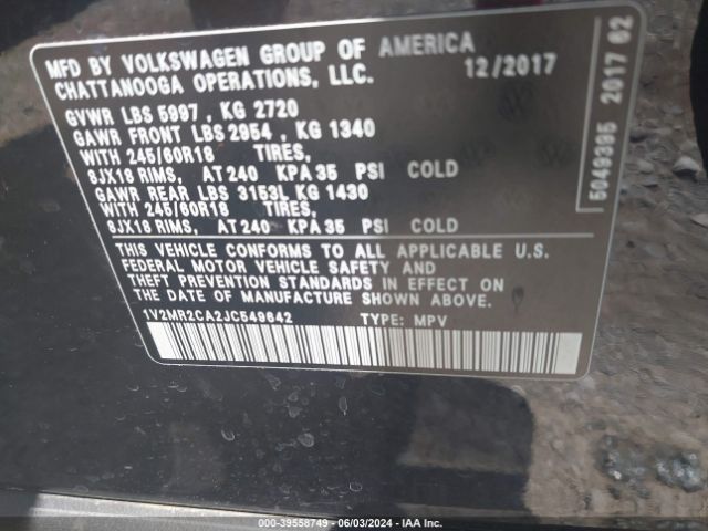1V2MR2CA2JC549642 Volkswagen Atlas 3.6l V6 Sel