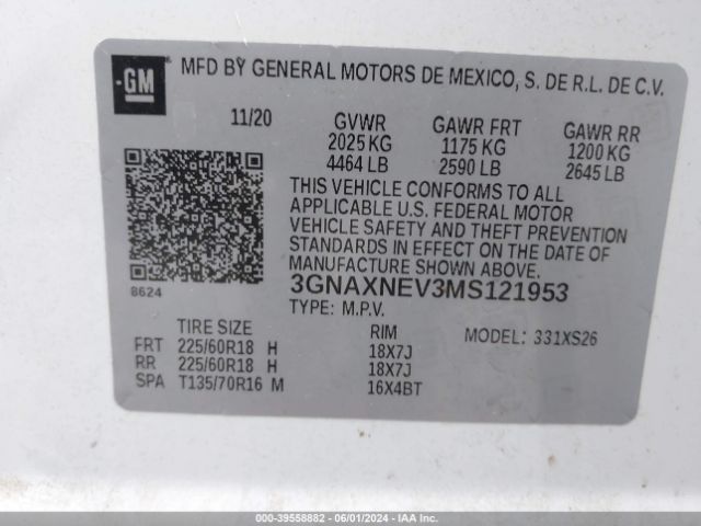 3GNAXNEV3MS121953 Chevrolet Equinox Fwd Premier