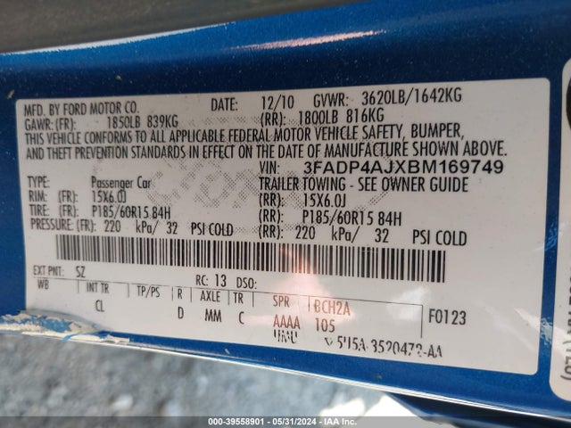Продажа на аукционе авто 2011 Ford Fiesta S, vin: 3FADP4AJXBM169749, номер лота: 39558901
