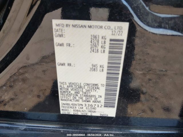 1N4BL4DV3PN336712 Nissan Altima Sv Fwd