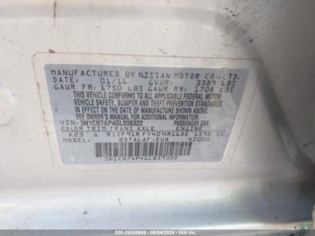 3N1CN7AP4GL859322 Nissan Versa 1.6 S