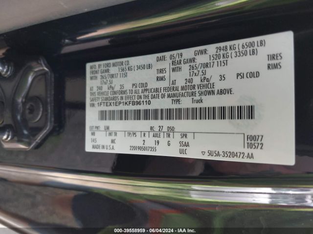 1FTEX1EP1KFB96110 Ford F-150 Xlt
