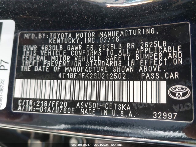 Toyota CAMRY SE 2016 4T1BF1FK2GU212502 Image 9
