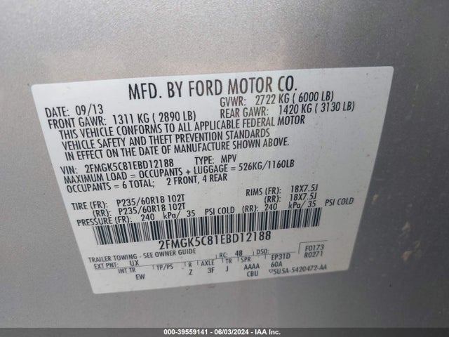 Ford FLEX SEL 2014 2FMGK5C81EBD12188 Image 9