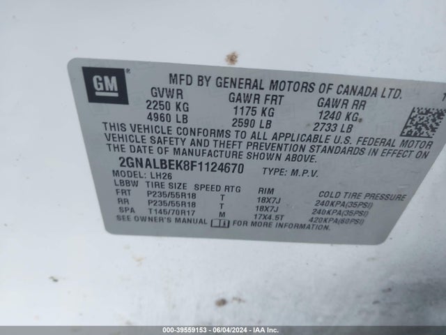 Chevrolet EQUINOX 1LT 2015 2GNALBEK8F1124670 Image 9