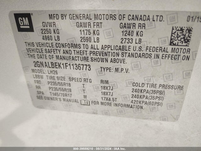 Chevrolet EQUINOX 1LT 2015 2GNALBEK1F1136773 Image 9