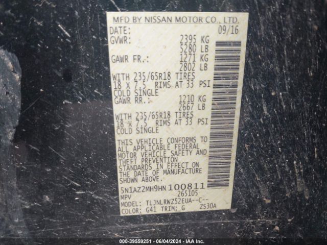 5N1AZ2MH9HN100811 Nissan MURANO SL