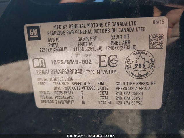 Chevrolet EQUINOX 1LT 2015 2GNALBEK9F6386040 Image 9