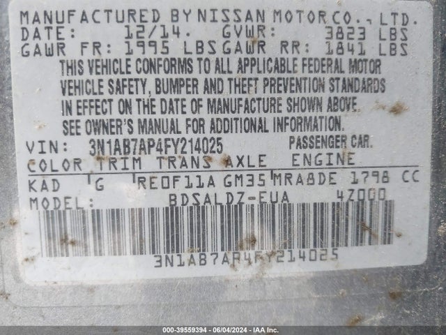 39559394 :رقم المزاد ، 3N1AB7AP4FY214025 vin ، 2015 Nissan Sentra Sv مزاد بيع