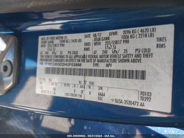 Ford ESCAPE SE 2017 1FMCU0GD2HUF02888 Image 9
