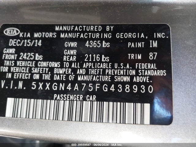 KIA OPTIMA EX 2015 5XXGN4A75FG438930 Image 9