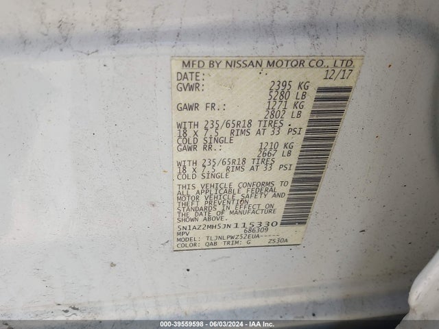 Nissan MURANO S 2018 5N1AZ2MH5JN115330 Image 9