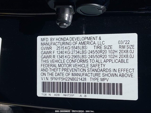 Honda Pilot 2wd Special Edition 2022 5FNYF5H22NB021428 Image 9