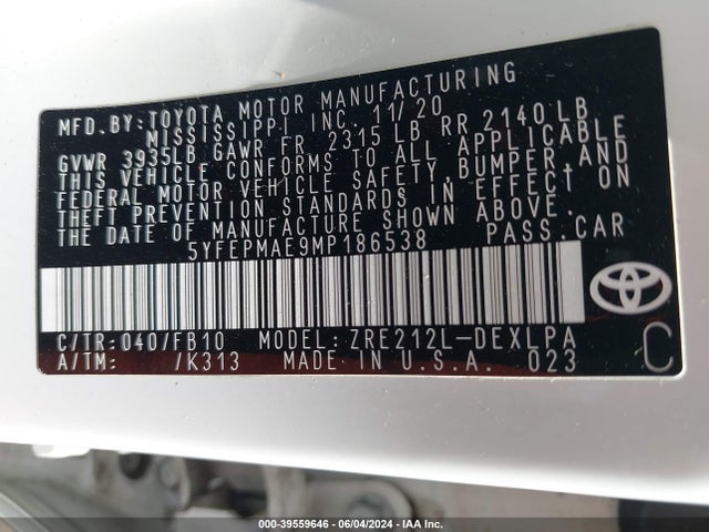 Toyota COROLLA LE 2021 5YFEPMAE9MP186538 Image 9