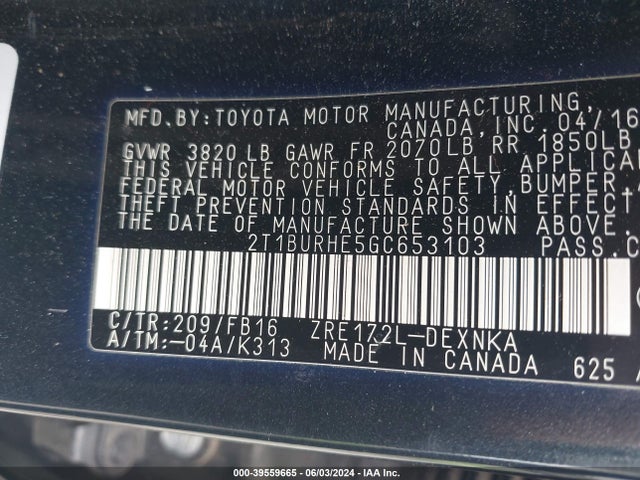 Toyota COROLLA LE 2016 2T1BURHE5GC653103 Image 9
