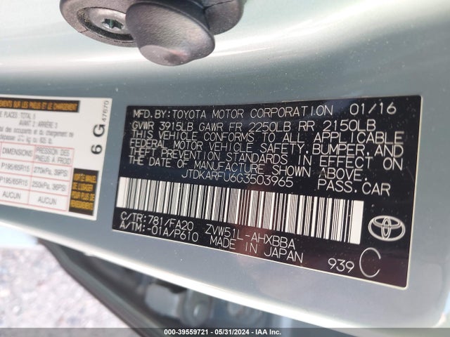 Toyota Prius Two Eco 2016 JTDKARFU6G3503965 Image 9