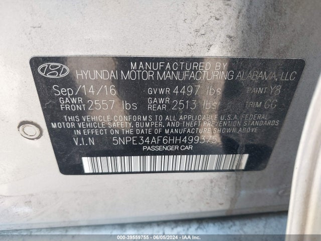 Hyundai Sonata Limited 2017 5NPE34AF6HH499375 Image 9