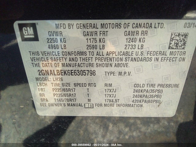 Chevrolet EQUINOX 1LT 2014 2GNALBEK6E6305798 Image 9
