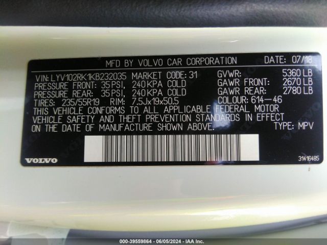 LYV102RK1KB232035 Volvo Xc60 T5 Momentum