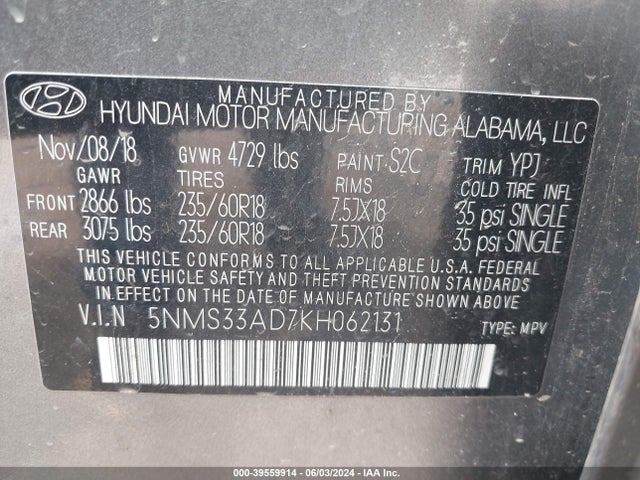 5NMS33AD7KH062131 Hyundai Santa Fe Sel Plus