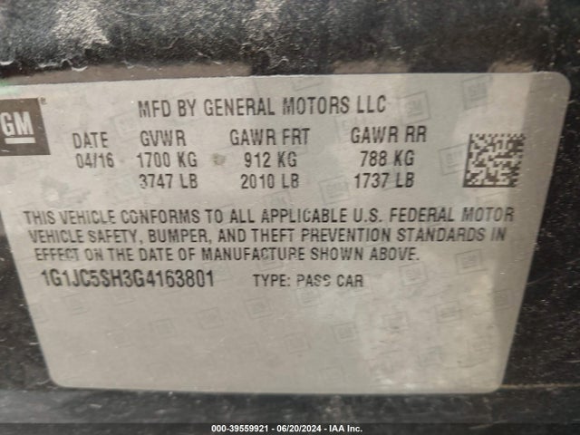 Chevrolet Sonic Lt Auto 2016 1G1JC5SH3G4163801 Image 9