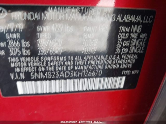 5NMS23AD3KH126670 Hyundai Santa Fe Se