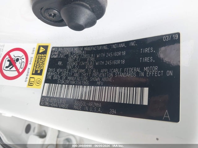 Toyota Highlander Xle 2019 5TDKZRFH8KS561966 Image 9