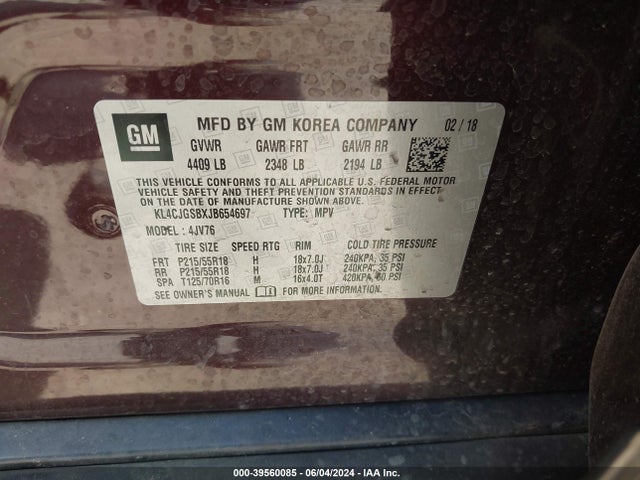 KL4CJGSBXJB654697 Buick Encore Essence