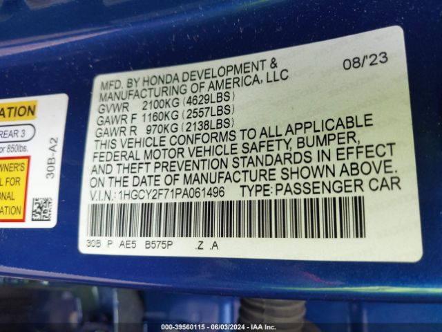 1HGCY2F71PA061496 Honda Accord Hybrid Sport-l