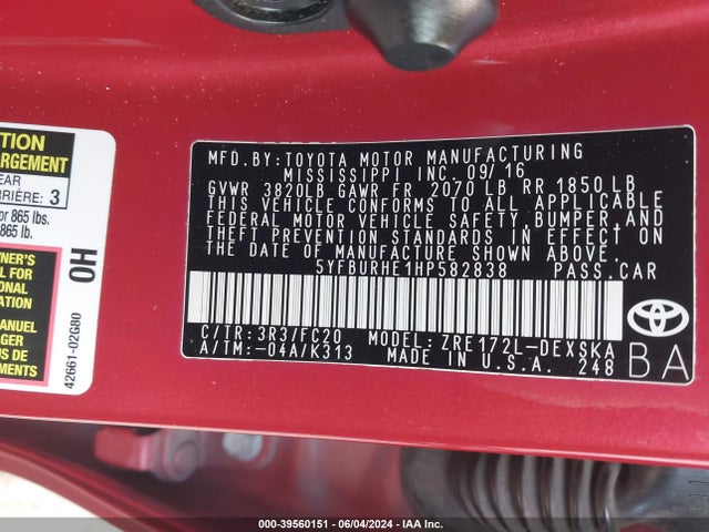 Toyota COROLLA SE 2017 5YFBURHE1HP582838 Image 9