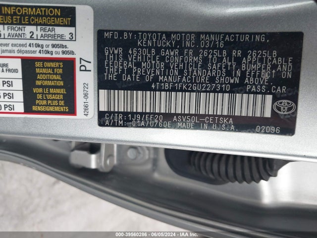 Toyota CAMRY SE 2016 4T1BF1FK2GU227310 Image 9