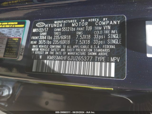 KM8SM4HF6JU265377 Hyundai Santa Fe Se