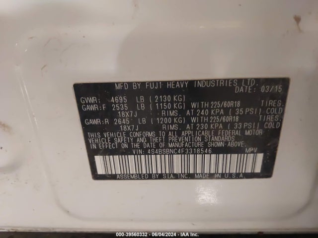 Subaru Outback 2.5i Limited 2015 4S4BSBNC4F3318546 Image 9