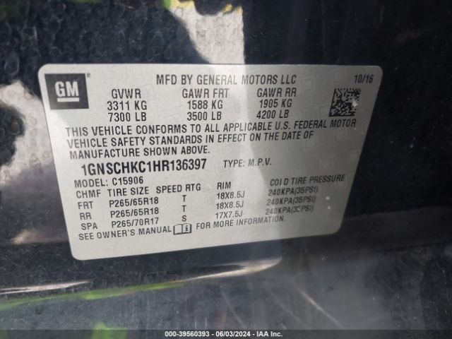 1GNSCHKC1HR136397 Chevrolet Suburban Lt