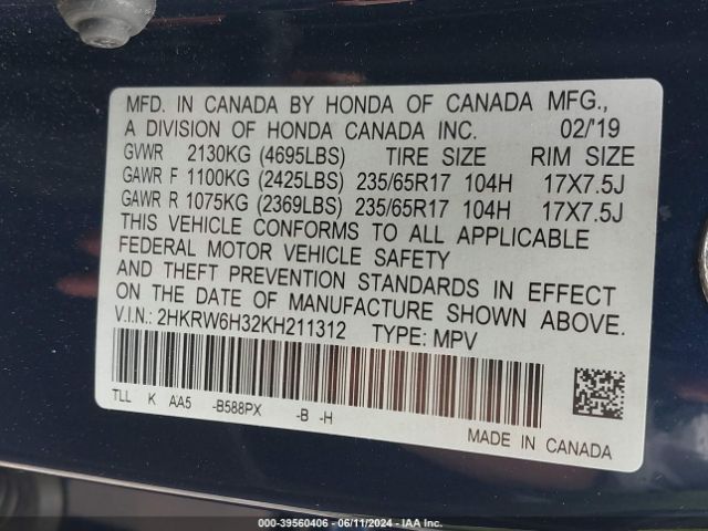 2HKRW6H32KH211312 Honda CR-V LX