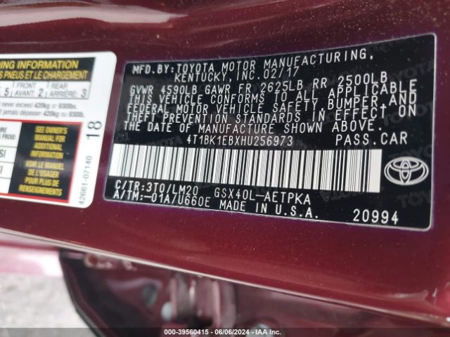 4T1BK1EBXHU256973 Toyota AVALON LIMITED