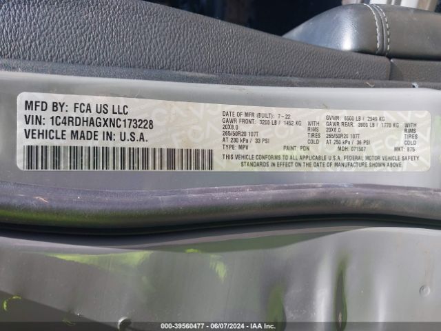 1C4RDHAGXNC173228 Dodge Durango Sxt Rwd